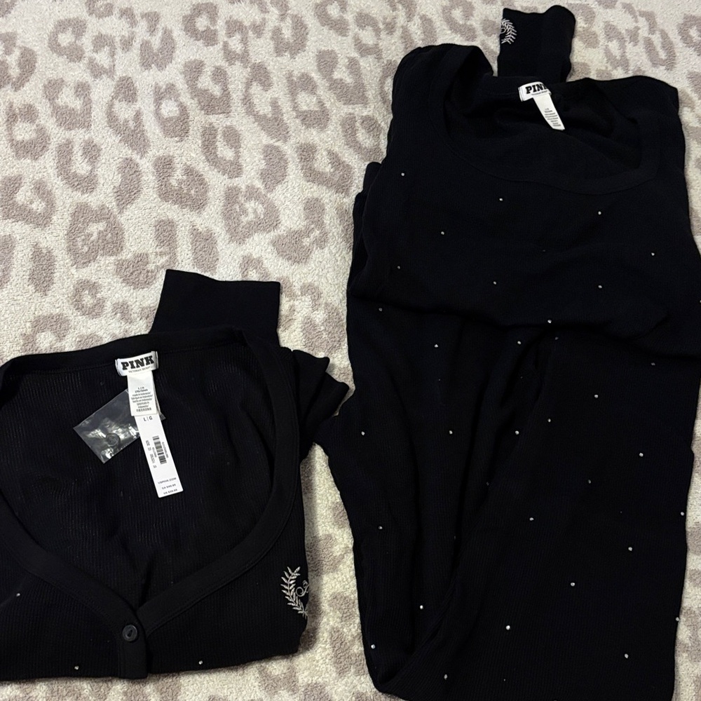 PINK Victoria’s Secret rhinestone ribbed PJ set with cardigan- size Large